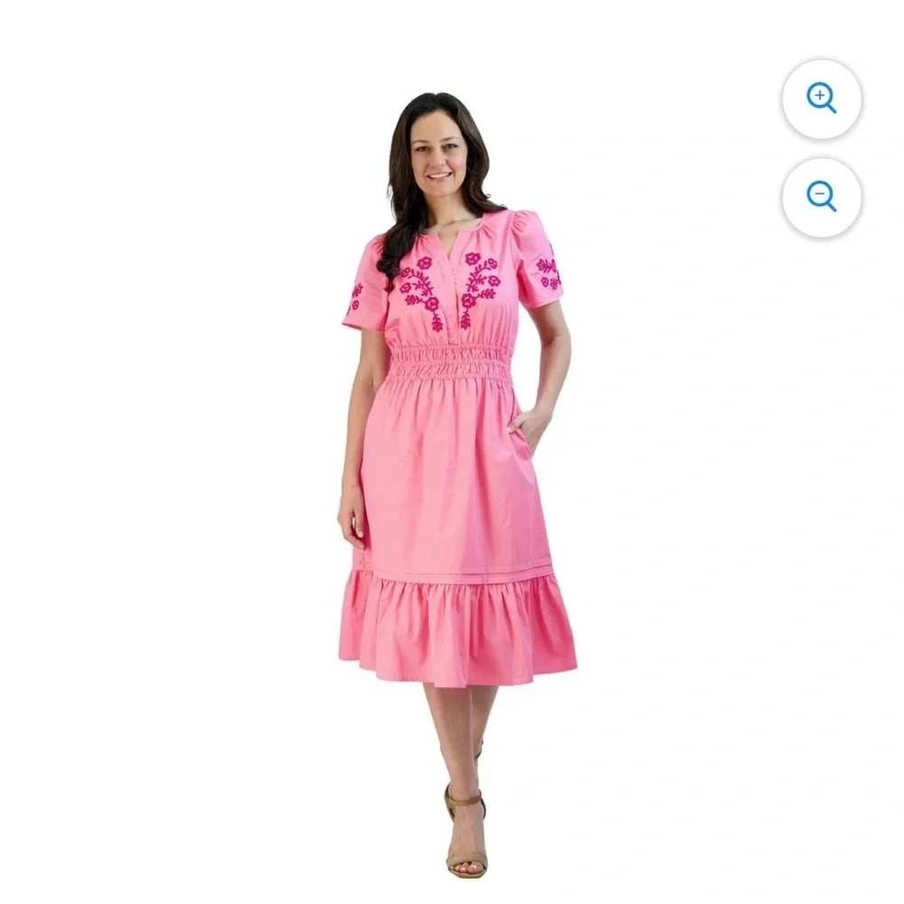 French Connection XXL‎ Pink Cotton Embroidered Smocked Tiered Midi Dress NWT